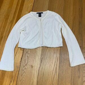 Hype White Cropped Sequin Trim Cardigan Shrug Ramie Cotton Size M Bolero Sweater